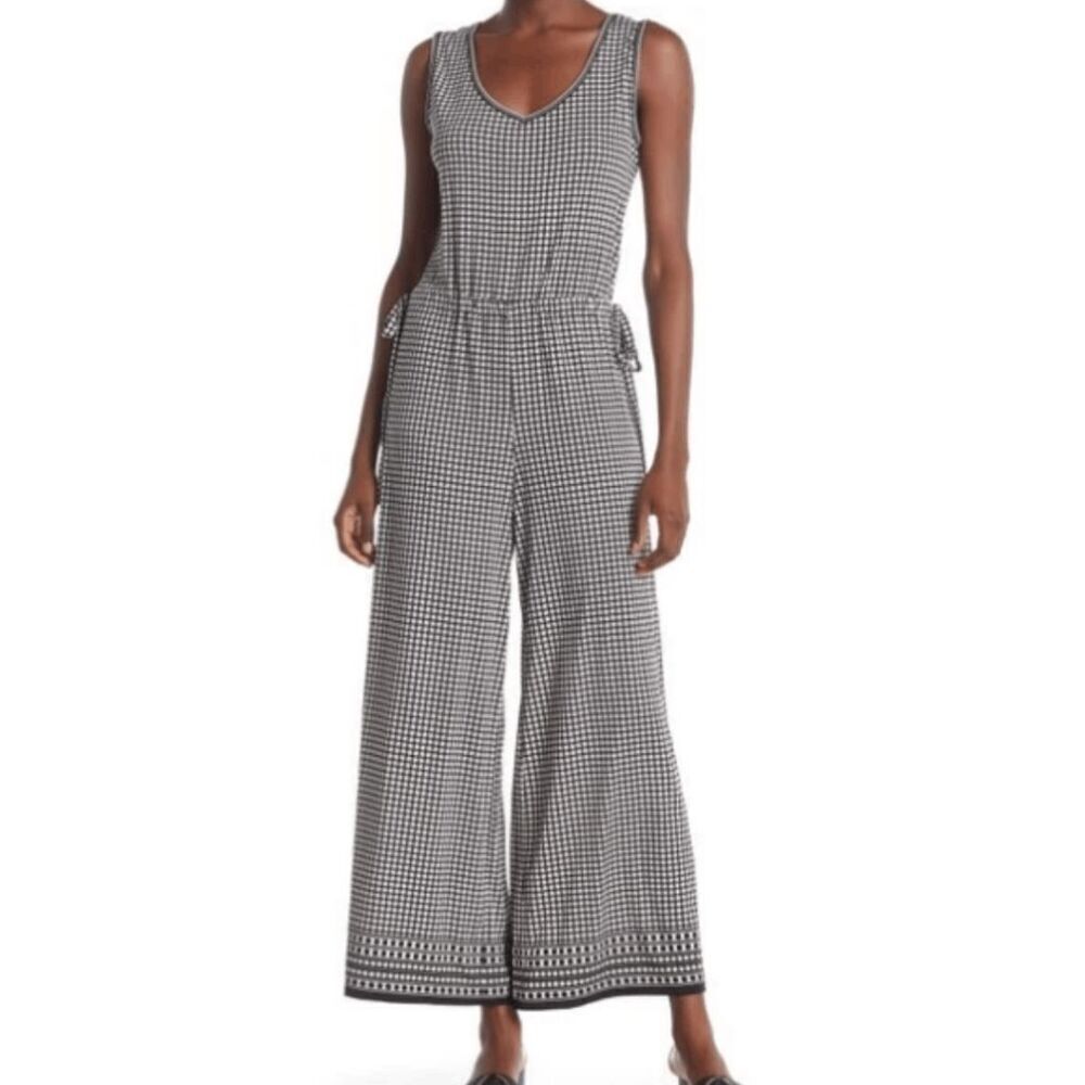 Max Studio Geometric Grid Side-Tie Wide Leg Jumpsuit Size XL Black White